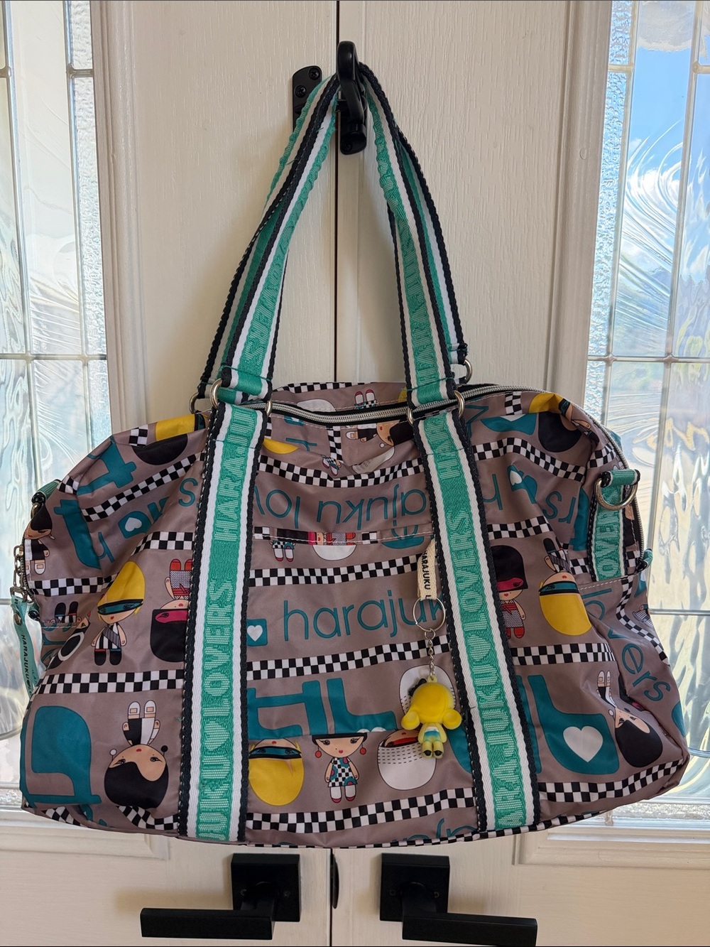 Harajuku Lovers Teal and Yellow Graphic Travel Weekender Bag.